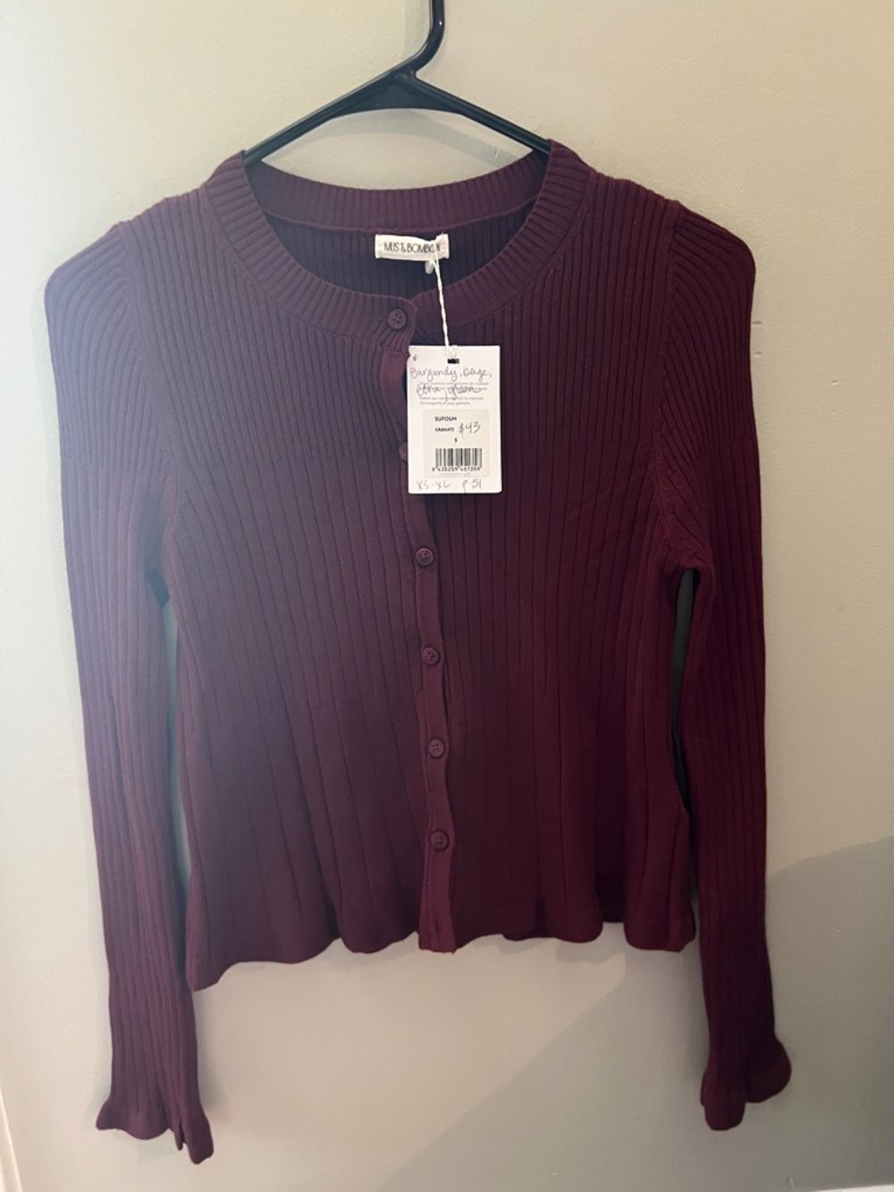 Ribbed Button-Front Long Sleeve Top - Burgundy